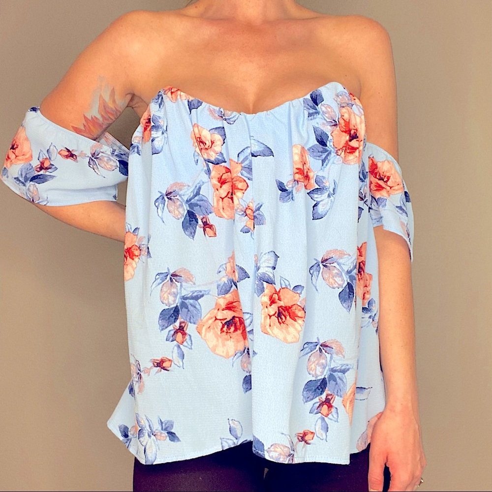 Francescas Blue Rain Off the Shoulder Top